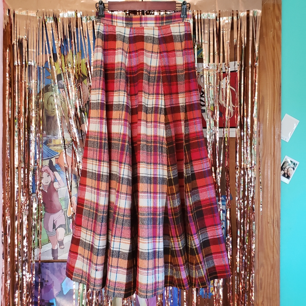 Vintage 70s plaid maxi skirt XXS 24-25” waist modest purple orange rare colors